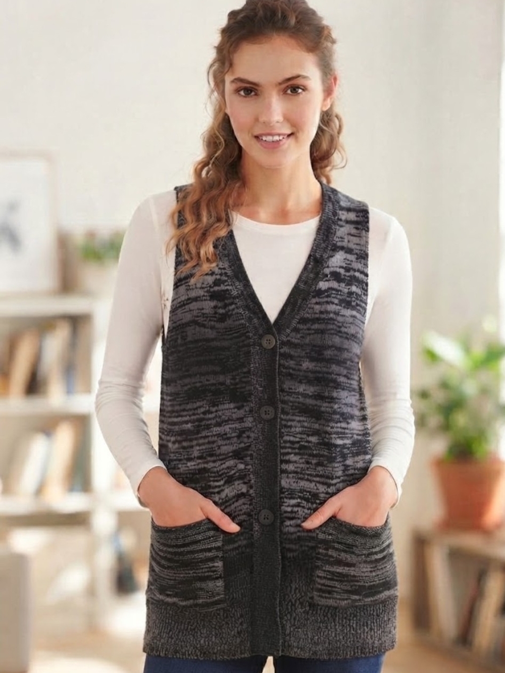 Mudd Black Gray Marled Knit Button Front Racerback Tunic Vest Medium